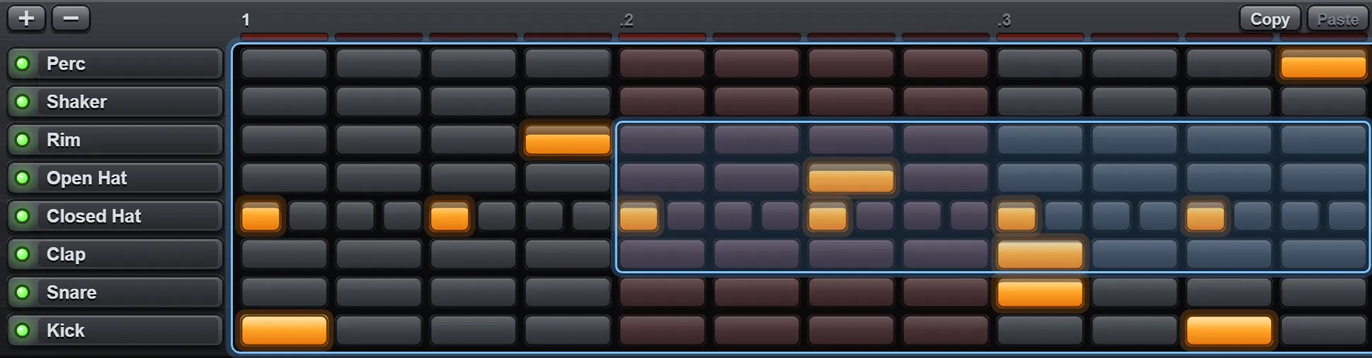 A block of steps selected on the grid, with Copy, Paste, Dup, Fill and Del buttons in the header.