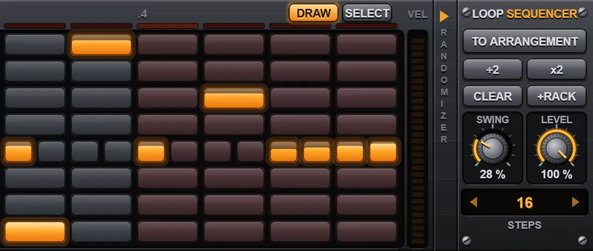 The control panel. To Arrangement, pattern ÷2 and ×2, Clear, +Rack, Swing and Level dials and a Steps display reading 16.