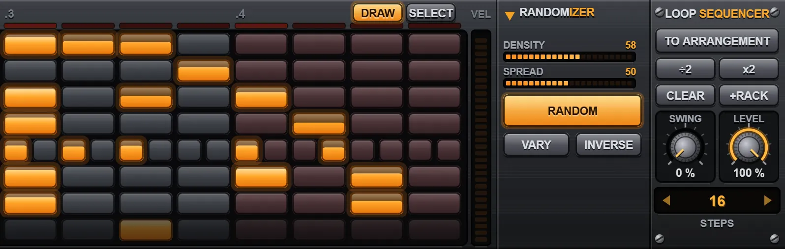 The randomizer open beside the grid, with Density and Spread meters and the Random, Vary and Inverse buttons. The muted kick row is dimmed.