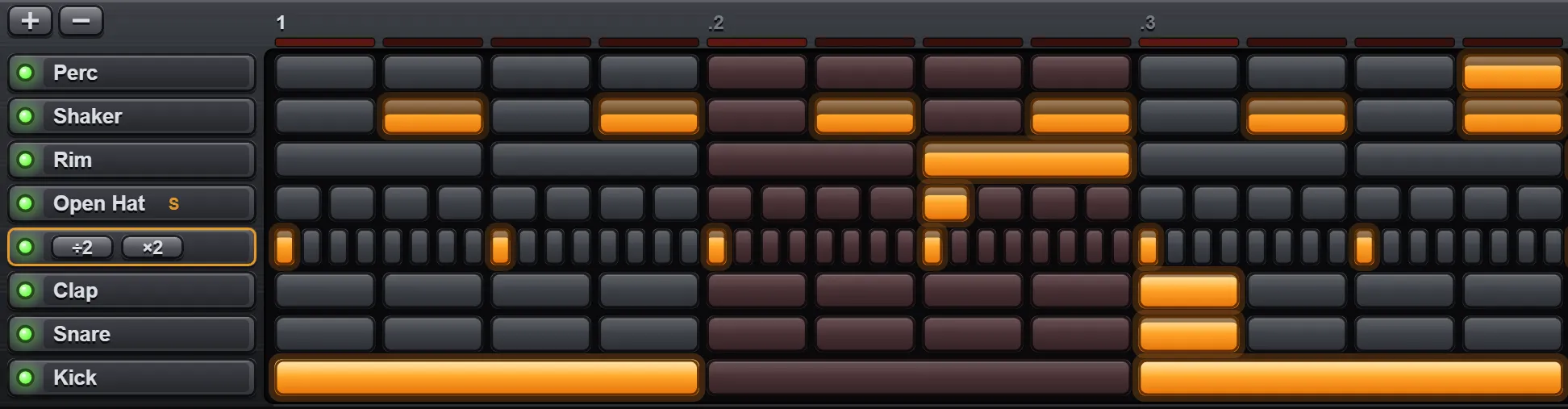 Eight rows at different resolutions. The kick row has four wide steps, the closed hat row has sixty-four narrow ones, and its ÷2 and ×2 buttons are showing.
