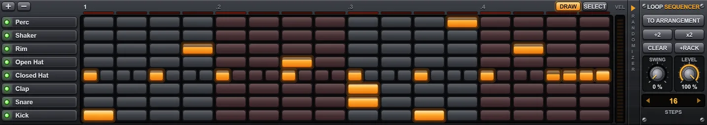 Loop Sequencer. A grid of steps with eight drum rows, a randomizer and a control panel with swing and level dials.